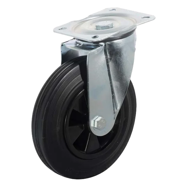 Giratoria · Rueda industrial de goma negra con llanta de polipropileno (Ø 80–125)