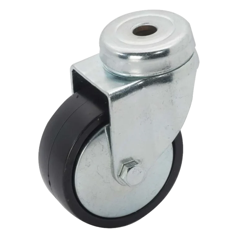 Giratoria con taladro pasante · Rueda de polipropileno negro para mobiliario