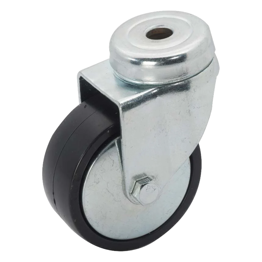 Giratoria con taladro pasante · Rueda de polipropileno negro para mobiliario